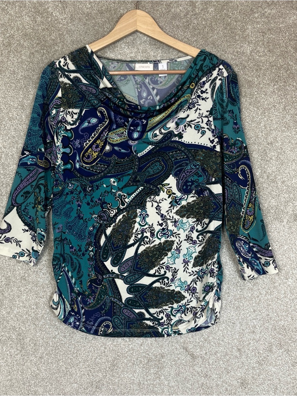 Chico's Shirt Womens 1 Green Paisley Stretch Cowl Neck Pullover Blouse- 5171